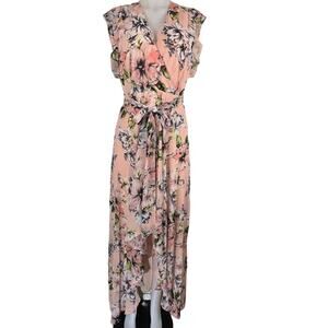 Eliza J Light Peach White Floral High Low Faux Wrap Top Belted Maxi Dress 4